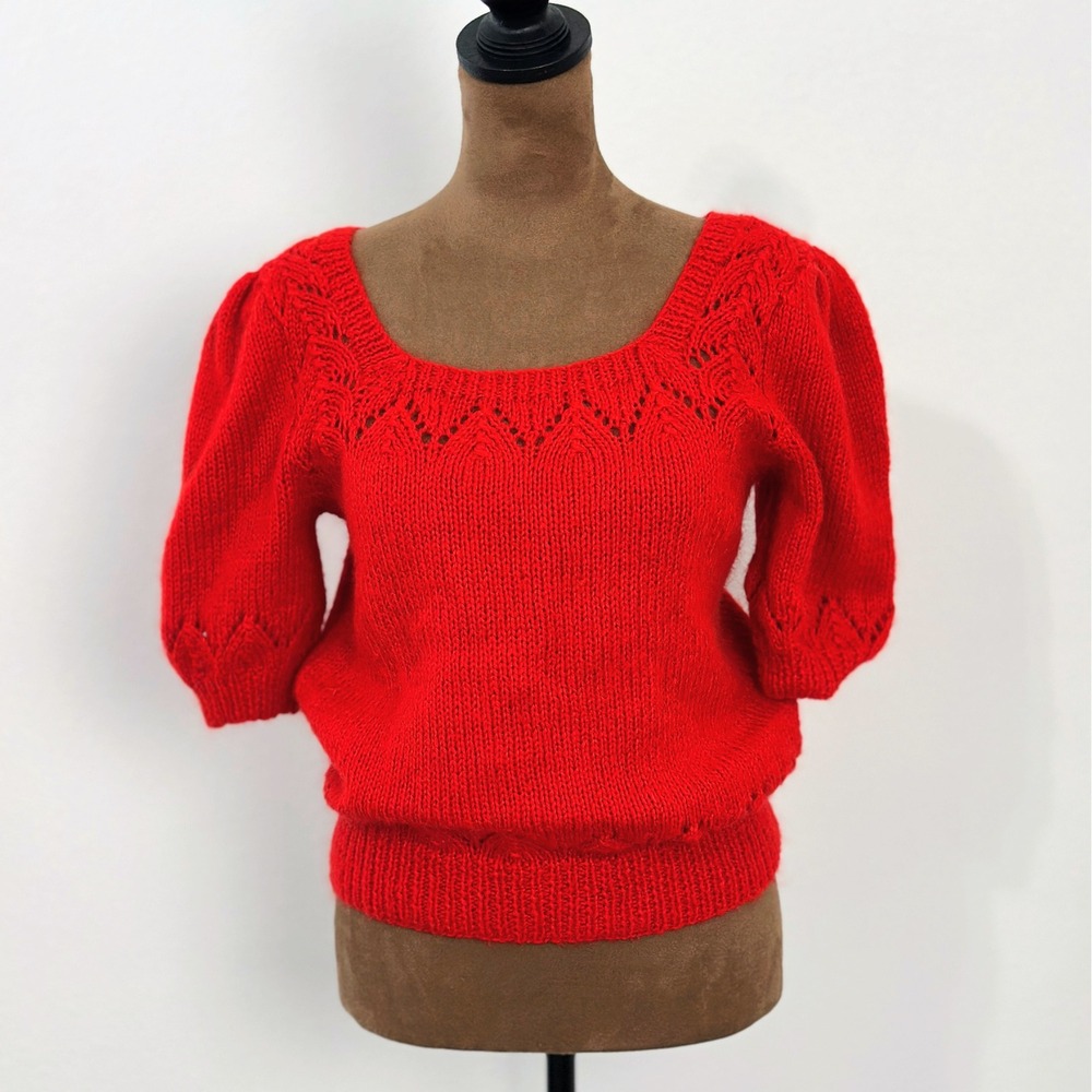 Handmade Pointelle Puff Sleeve Sweater Women Small Red Excellent condition